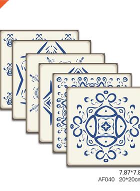 6pcs Blue Retro Pattern Matte Surface Tiles Sticker Transfer