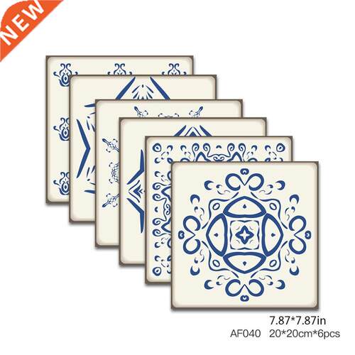 6pcs Blue Retro Pattern Matte Surface Tiles Sticker Transfer