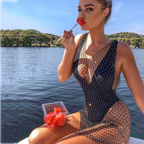 Amphiaraus Crystal Diamond Beach Dress Women Sexy V Neck Hol