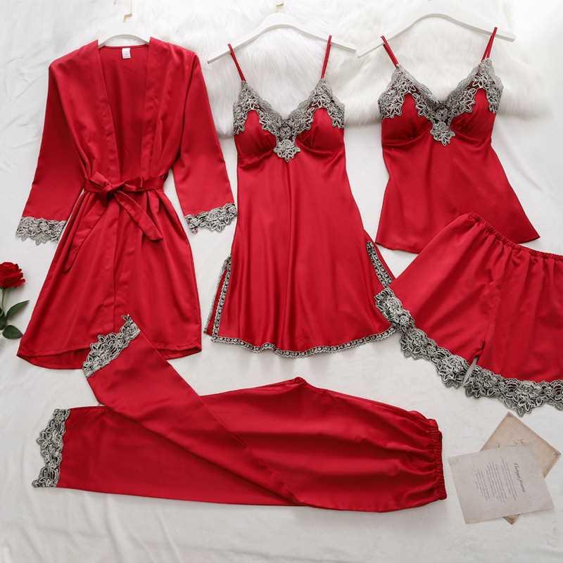 5PC Silk Robe Sleep Suit Womens Lace Satin Pajamas Gown Set