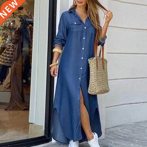 Autumn Long Dress Long Sleeve Shirt Dress Women Denim Long D
