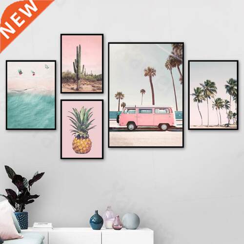 Pink Bus Cactus Pineapple Blue Sea Beach Wall Art Painting