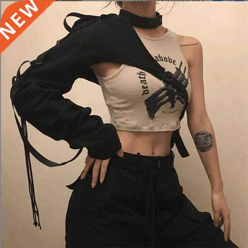 Stylish Drawstring Ribbons Long Sleeve One Shoulder Choker H