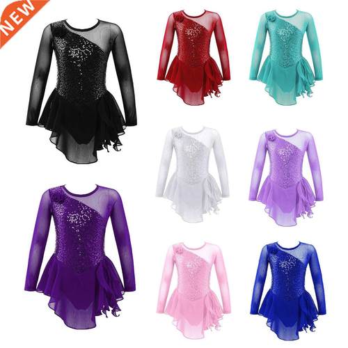 Kids Girl Stylish Figure Skating Dress Long Sleeve Round Nec