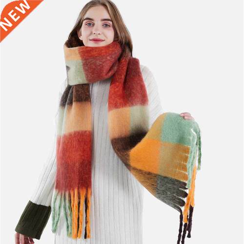 Scarf Woman's knitted plaid scarf with tassel 女毛线流苏围巾