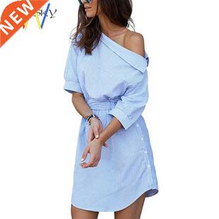 Summer Women Dress Blue Striped Shirt Short Dress Mini Sexy