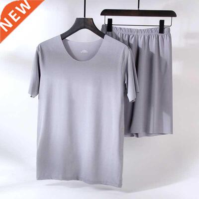 Men's Homewear Ice Silk Solid Color Thin Shirt Two-Piece Set