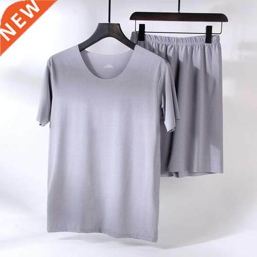 Men's Homewear Ice Silk Solid Color Thin Shirt Two-Piece Set