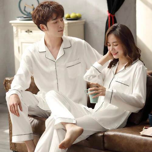 Solid Color Sleepwear Silk Satin Pajama Sets Couple Long But