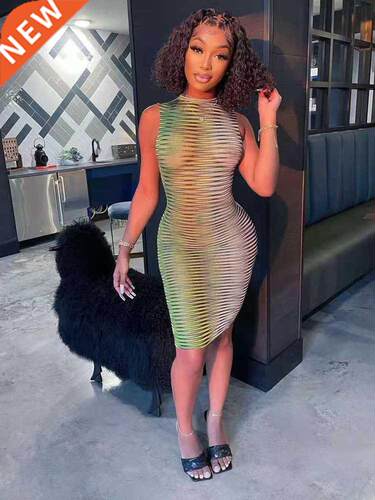 Joskaa Stripe Mesh Bodycon Vest Dress Women High Street Clot