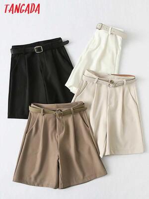 Tangada Women Elegant Solid Shorts with Belt Zipper Pockets