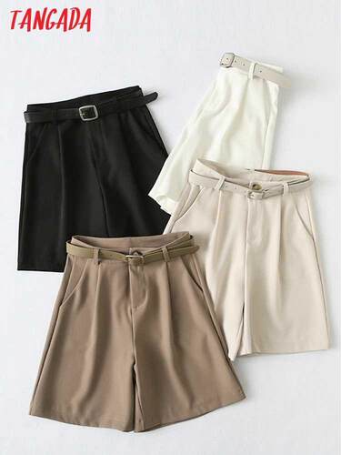 Tangada Women Elegant Solid Shorts with Belt Zipper Pockets