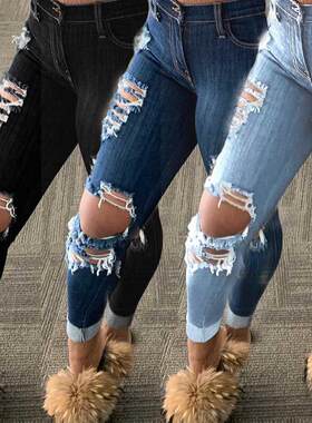 速卖通欧美女裤破洞显瘦牛仔裤Skinny plus size jeans for women
