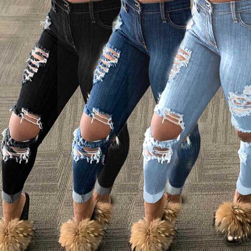 速卖通欧美女裤破洞显瘦牛仔裤Skinny plus size jeans for women