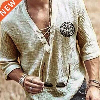 Plus Size Men's Tee Shirt Solid Tops Pullover V Neck Lace-up