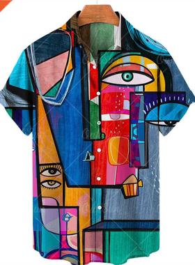 Men's 3d Graffiti Oil Painting Printed Shirt, Fashion Sreet