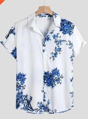 Mens Loose Lump Chest Print Short Sleeve Turn-down Collar Ro