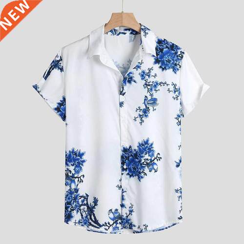 Mens Loose Lump Chest Print Short Sleeve Turn-down Collar Ro