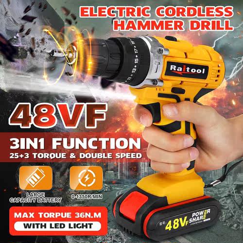 Raitool 48VF Cordless Electric Impact Drill Rechargeable 3/8