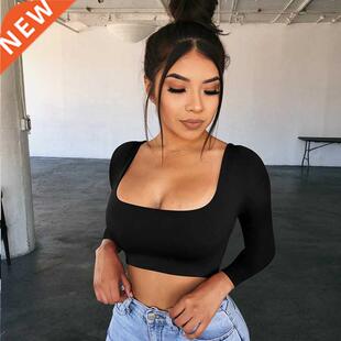 Summer Spring Crop Top Long Sleeve Women Black Sexy Shirt Wh