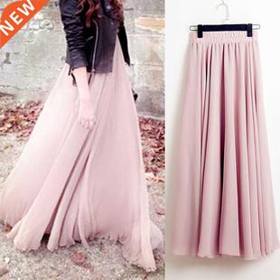 2022 Bohemia Long Skirts Women Stch High Waist Solid Chiffon