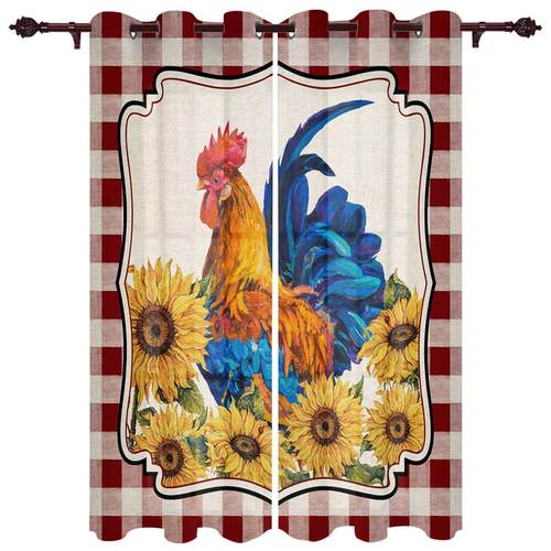 Country Style Chicken Sunflower Red Plaid Window Curtains