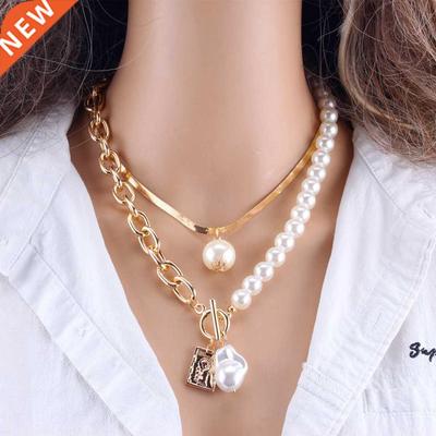 KMVEXO Fashion 2 Layers Pearls Geometric Pendants Necklaces
