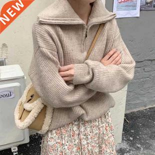 Zipper Sweater Sleeve Women Long Knitted Oversize Pullover