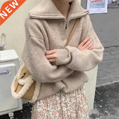 Women Sweater Oversize Zipper Knitted Pullover Long Sleeve S