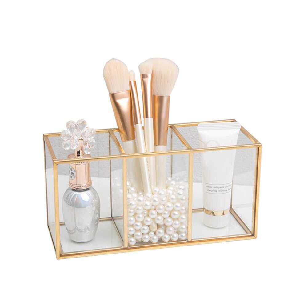 Transparent Glass Makeup Brush Storage Box Gold Cosmetics Co