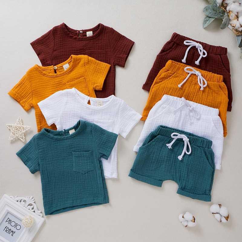0-4Y Boys Girls Clothing Sets Summer Solid Cotton Linen T-sh