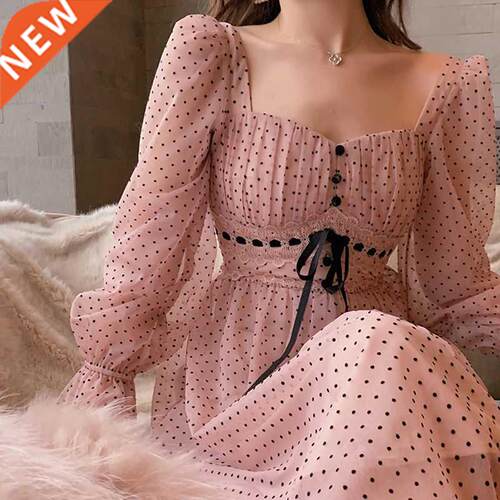 French Vintage Midi Dress Women Puffer Sleeve Square Collor