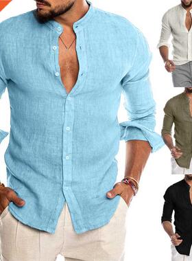 Helisopus New Casual Cotton Linen Men Shirts Long Sleeve Loo