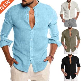 Helisopus New Casual Cotton Linen Men Shirts Long Sleeve Loo