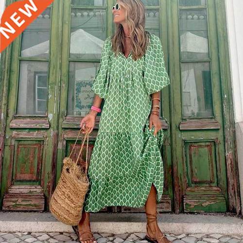 Puff Sleeve Boho Maxi Dress Elegant Women Summer 2022 Casual