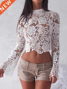 Elegant Turtleneck White Lace blouses See Through Sexy Long