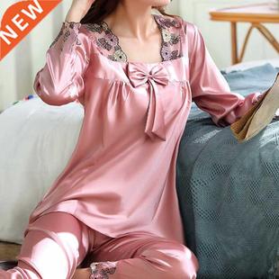 2 Piece Autumn Women Sleepwear Faux Silk Satin Pajamas Set L