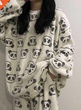 Women Print Warm Flannel Women Pyjamas Sets Thin Coral Velve