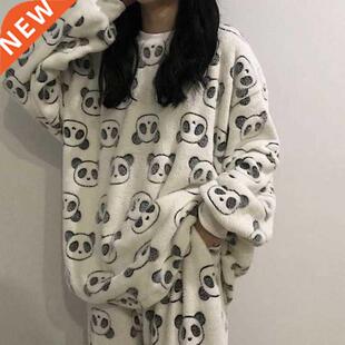 Women Print Warm Flannel Women Pyjamas Sets Thin Coral Velve