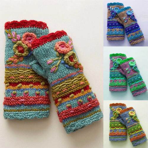 Womens Winter Warm Gloves Casual Flower Knit Fingerless Glov