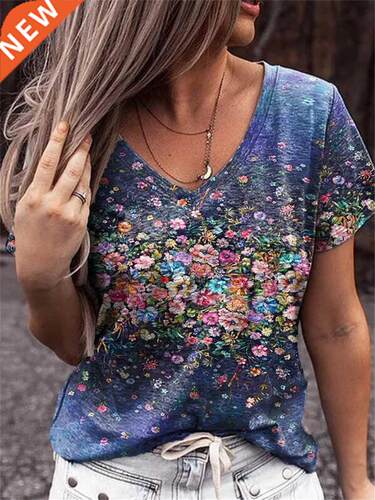 Summer Casual Tee Short Sleeve Women T-Shirts Flower Print S