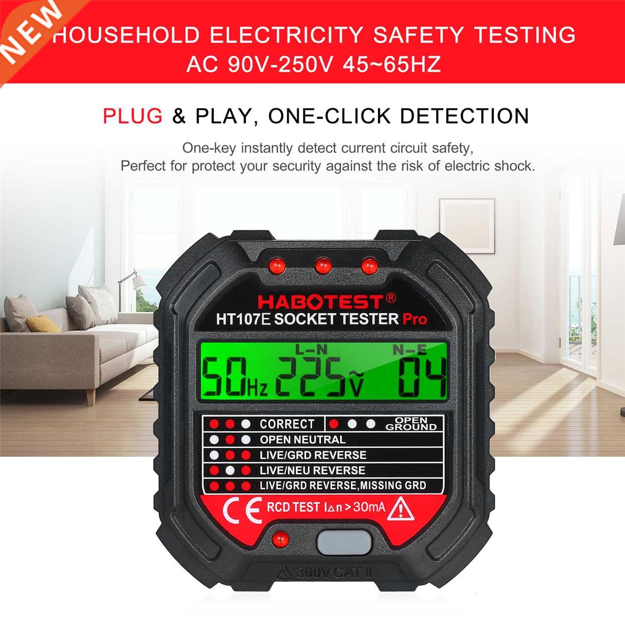 HABOTEST GFCI Socket Tester 90-250V Outlet Tester Automatic