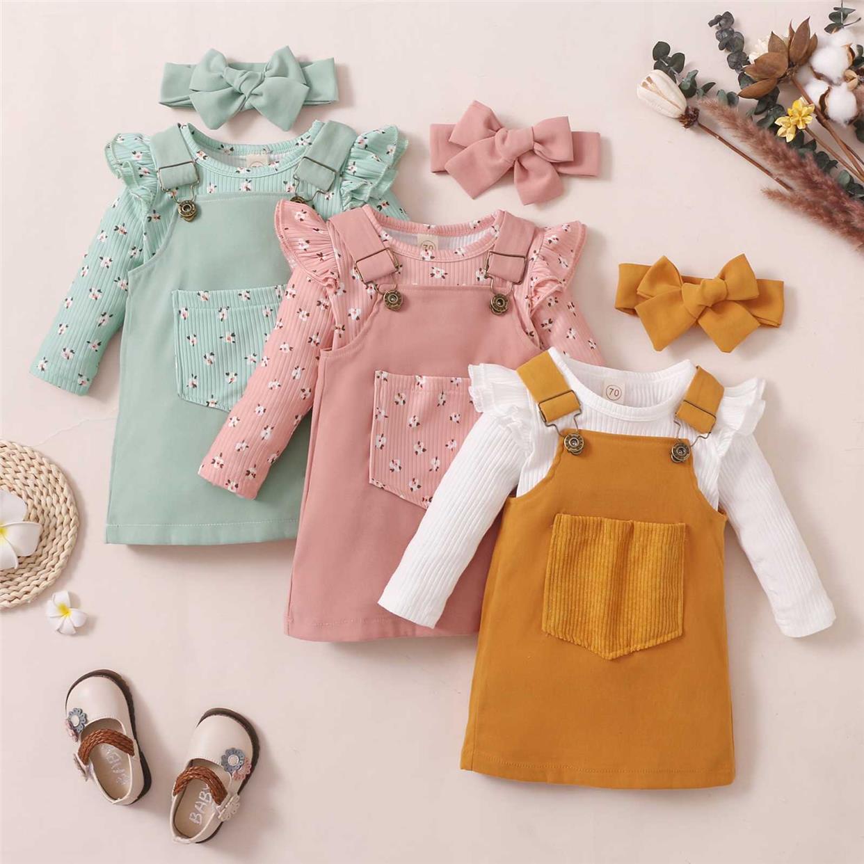 Infant Baby Girl’s Three Piece Suit Fashion Pitted Long Sle