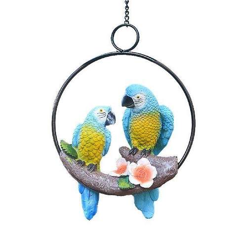 Hanging Double Parrot atue On Iron Ring Realiic Birds