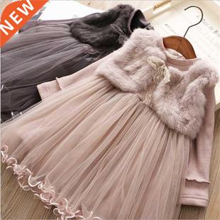 Children Girls Tulle Dress Long Sleeves Fake Two Pieces Fluf