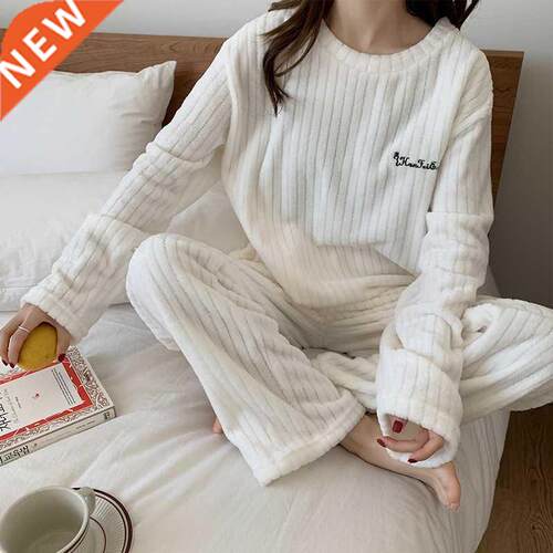 2021 Hot Women Winter Flannel Pajama Set Long Sleeve Striped