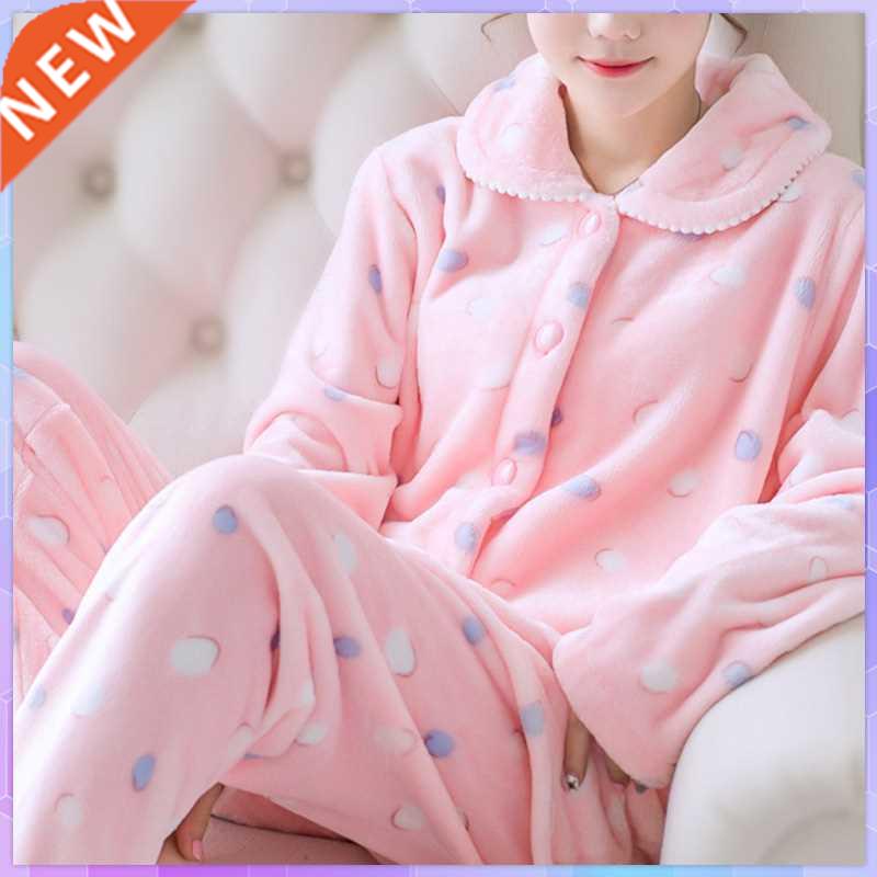 2pc Plus Velvet Pajamas Women Winter Flannel Long-Sleeved Th