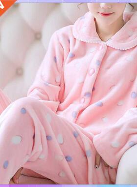2pc Plus Velvet Pajamas Women Winter Flannel Long-Sleeved Th