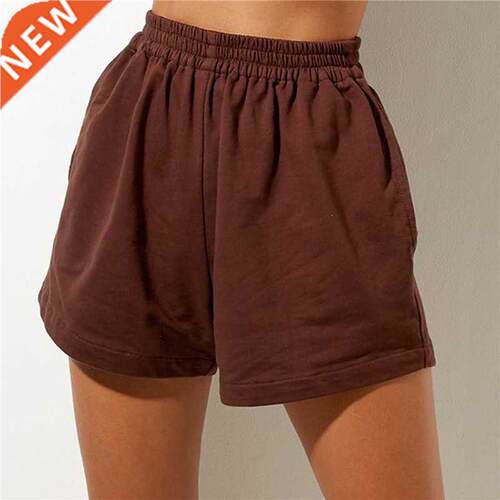 Women Summer Casual Shorts Solid Color High Waist Elastic Lo