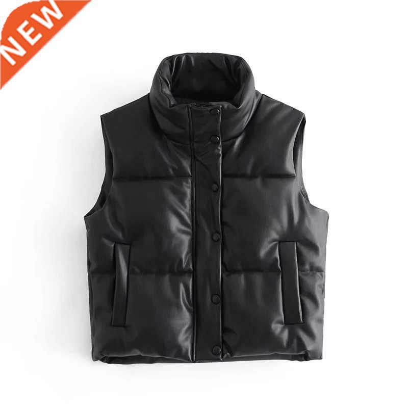 2021 fashion PU Faux leather jacket women sleeveless thick c-封面